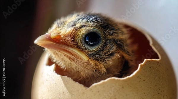 Fototapeta precocial. A baby bird emerging from a cracked eggshell in the morning sunlight. wildlife magazines, conservation campaigns, designed for nature documentaries and education, used by sports marketers.