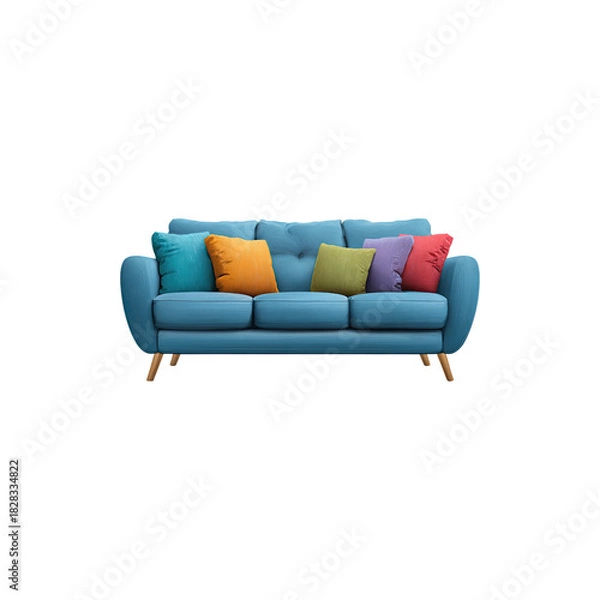 Obraz Comfortable Blue Sofa with Four Colorful Cushions, Modern Living Room Furniture Isolated on White Background for Interior Design and Home Decor Use