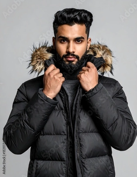 Fototapeta Man with dark hair and beard poses in a black winter jacket with fur hood against gray backdrop