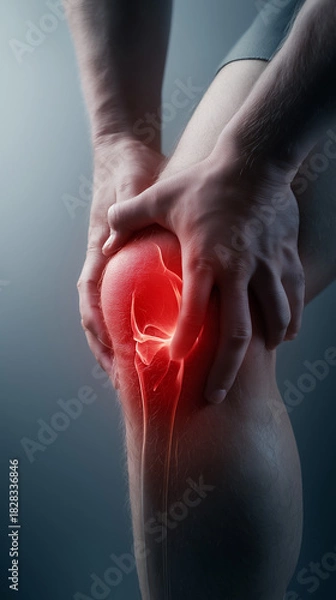 Fototapeta Close-up of a person holding their knee in pain, highlighted glowing red inflammation around the joint, realistic medical-style lighting, sharp detail, dramatic contrast, neutral background.