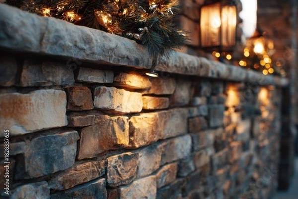 Obraz Illuminated Stone Wall with Festive Holiday Decorations.