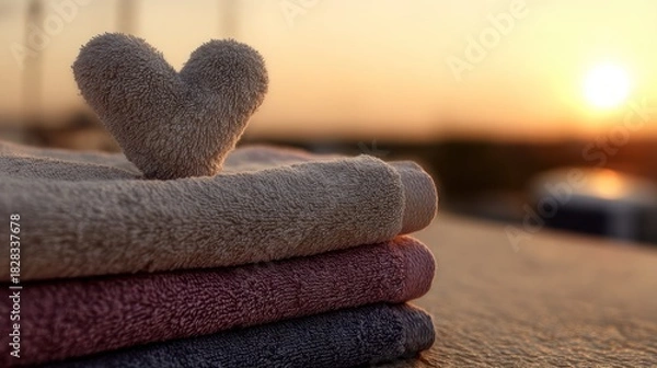 Obraz Heartfelt Serenity - Stacked Towels with Heart Against a Golden Sunset.