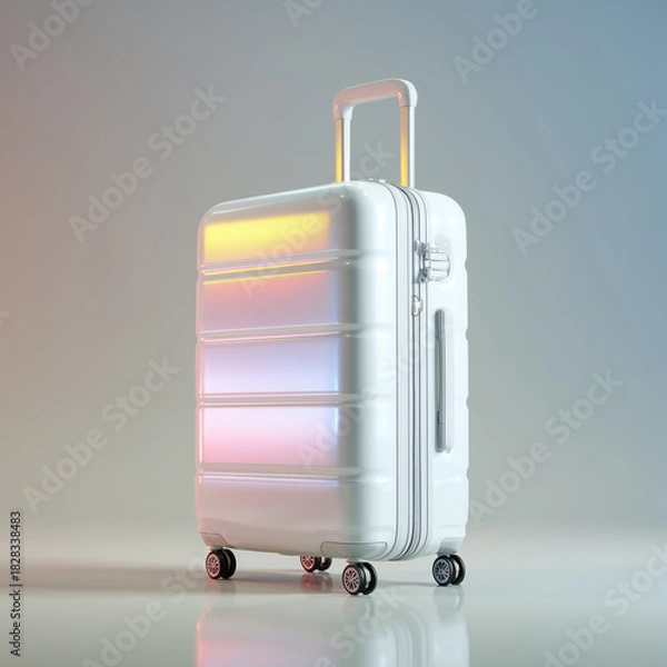 Fototapeta White hard shell suitcase shown at a slight angle, highlighting zippers and handle, bright modern lighting, subtle gradient reflections, photorealistic style, isolated on a clean white background.