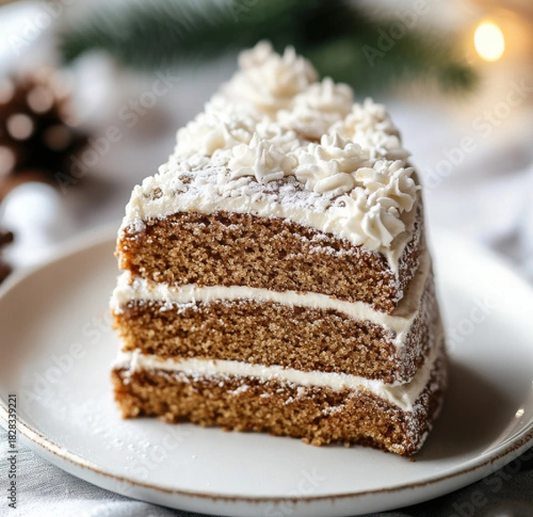 Fototapeta Gingerbread Layer Cake with Vanilla Frosting and Holiday Spice Finish
