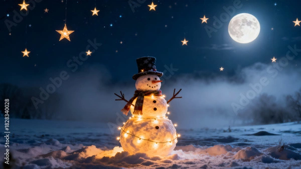 Fototapeta Whimsical snowman decorated with glowing christmas lights under a starry night sky and full moon