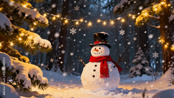 Fototapeta Charming snowman with red scarf and top hat in snowy forest with twinkling lights