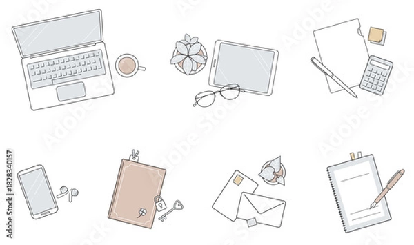 Fototapeta ミニマルなビジネス関連の俯瞰レイアウト｜くすみカラーの上品なラインアイコンセット