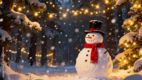Fototapeta Charming snowman wearing a top hat and red scarf stands in a snowy forest decorated with festive christmas lights
