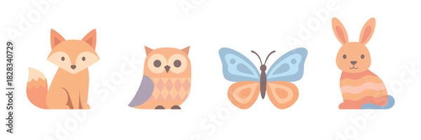 Fototapeta Charming watercolor forest animals and butterfly illustration for childrens designs.