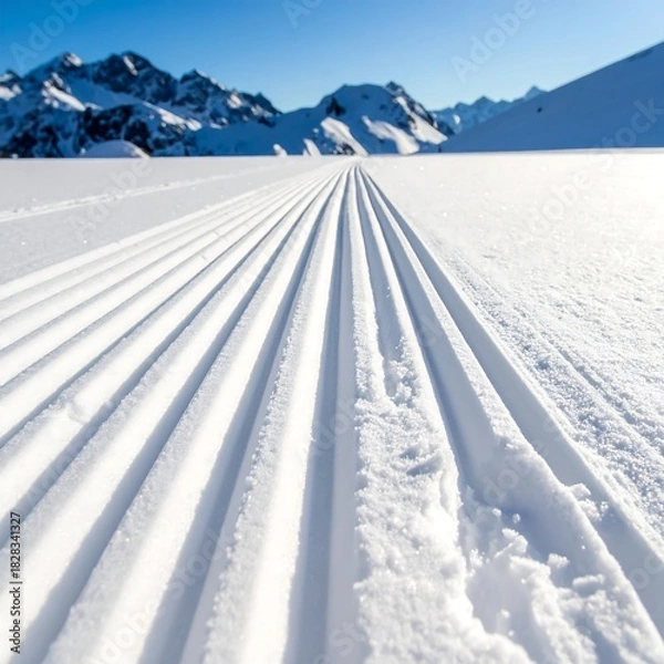 Fototapeta Freshly groomed tracks in snowy landscape with mountain range