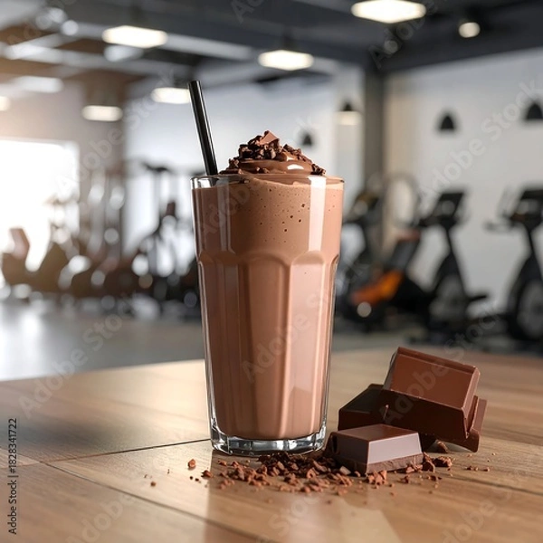 Fototapeta Glass of chocolate protein shake with chocolate chunks in a gym