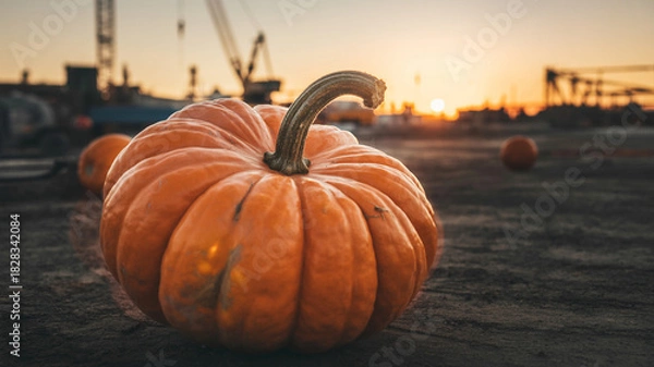Fototapeta Large orange pumpkin in a field at sunset