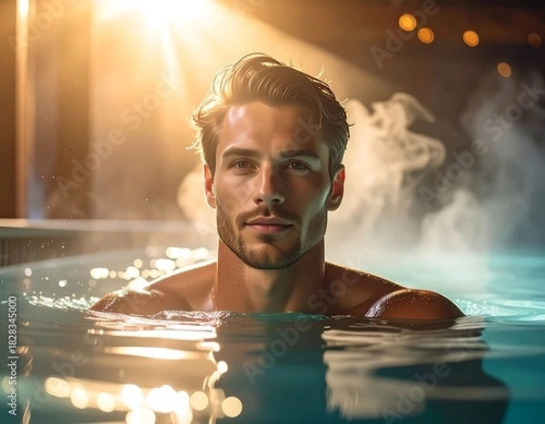 Fototapeta Handsome man relaxes in a pool, bathed in warm sunlight and steam