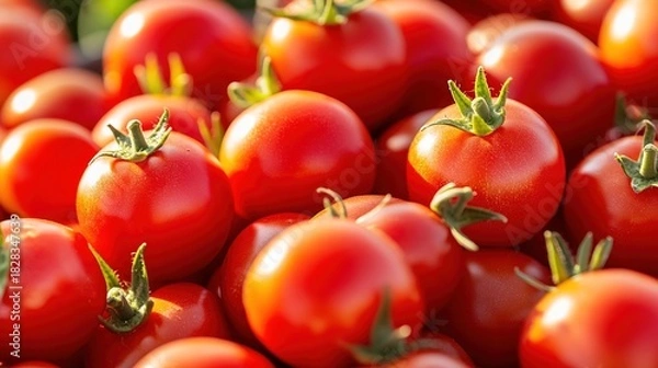 Fototapeta tray. Close-up of a summer market tray filled with bright red tomatoes, evoking freshness and abundance. menu design, packaging mockups, designed for culinary blogs and recipe cards for restaurants.