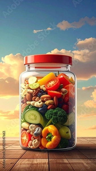 Fototapeta Jar of mixed fresh vegetables, fruits, and nuts against a sky
