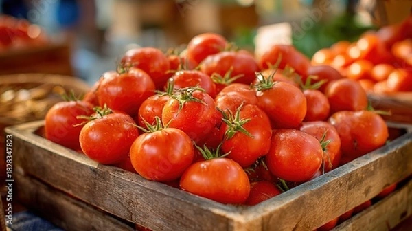 Fototapeta tray. Close-up of a summer market tray filled with bright red tomatoes, evoking freshness and abundance. menu design, packaging mockups, designed for culinary blogs and recipe cards for restaurants.