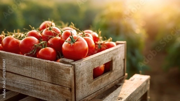 Fototapeta tray. Close-up of a summer market tray filled with bright red tomatoes, evoking freshness and abundance. menu design, packaging mockups, designed for culinary blogs and recipe cards for restaurants.