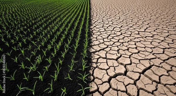 Fototapeta A conceptual image illustrating the stark contrast between a thriving green agricultural field and a parched, cracked earth symbolizing the effects of climate change and drought