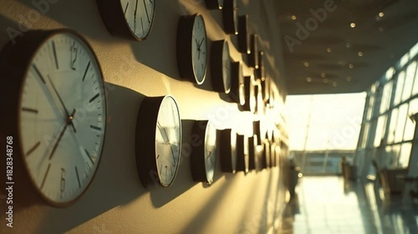Fototapeta tock. A wall of clocks showing different time zones with long shadows from moving sunlight. travel magazines, destination branding, designed for outdoor magazines and nature guides.