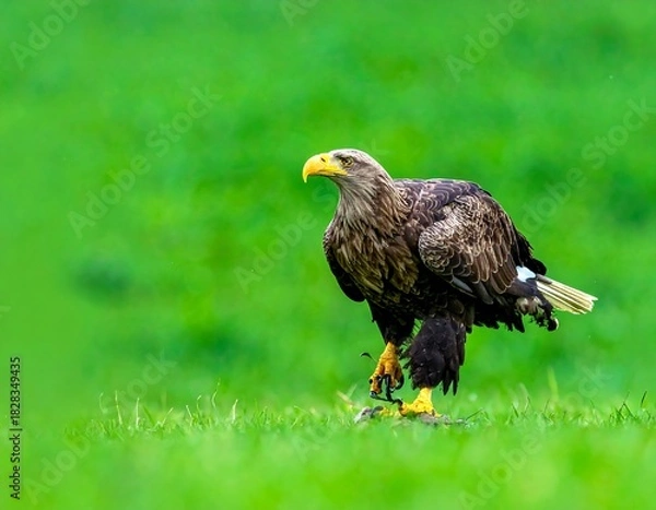 Fototapeta Large raptor on grassy plain; detailed feathers and bright beak