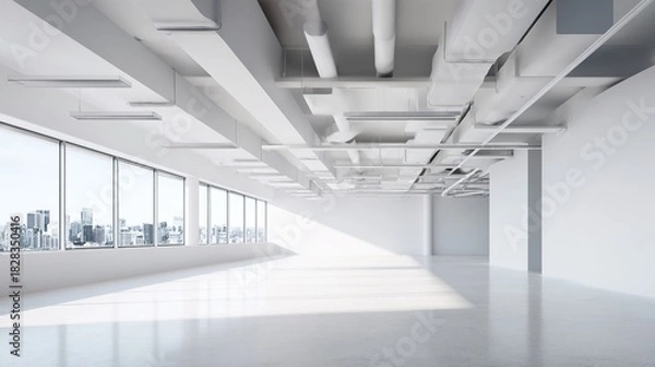Fototapeta ambient. Minimalist white office space with clean architectural lines, soft shadows, and natural window light. lifestyle magazines.