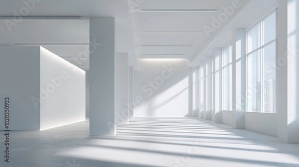 Fototapeta ambient. Minimalist white office space with clean architectural lines, soft shadows, and natural window light. lifestyle magazines.