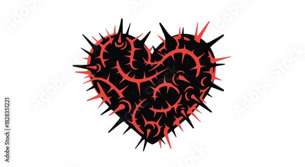 Fototapeta A striking illustration of a thorny heart with vibrant red vines against a deep black silhouette, symbolizing profound pain and enduring love.