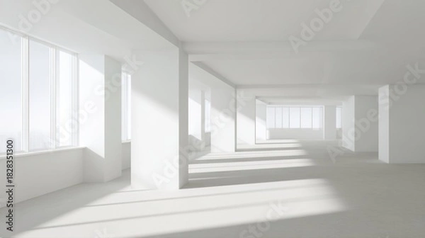 Fototapeta ambient. Minimalist white office space with clean architectural lines, soft shadows, and natural window light. lifestyle magazines.