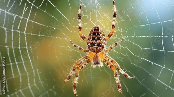 Fototapeta patience. Garden spider at the center of its intricate web with morning dew glistening on the silk. wildlife magazines, conservation campaigns, designed for nature documentaries and education.