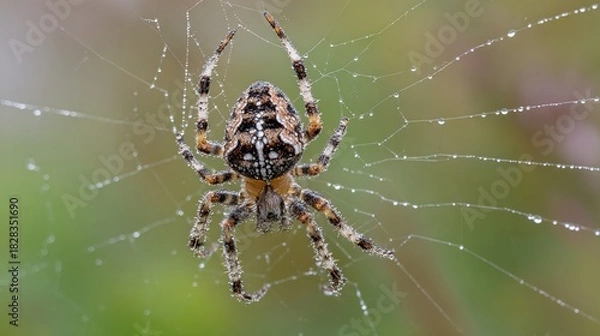 Fototapeta patience. Garden spider at the center of its intricate web with morning dew glistening on the silk. wildlife magazines, conservation campaigns, designed for nature documentaries and education.