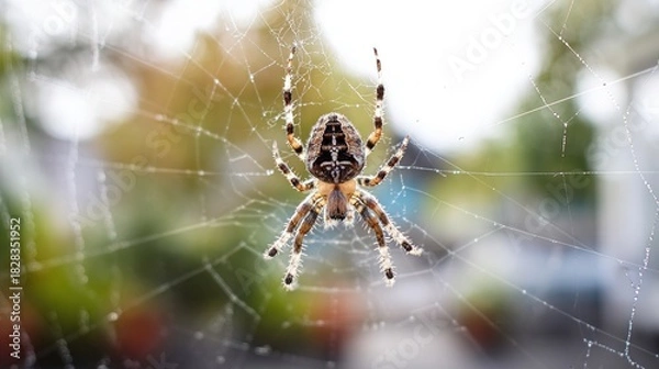 Fototapeta patience. Garden spider at the center of its intricate web with morning dew glistening on the silk. wildlife magazines, conservation campaigns, designed for nature documentaries and education.