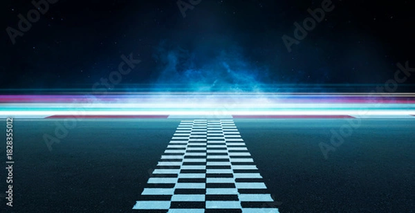 Obraz 3d rendering racetrack finish line with light trails at night