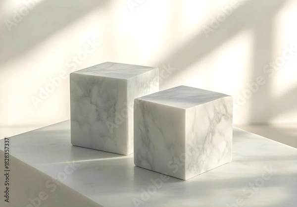 Obraz Minimalist Marble Cubes on White Marble Surface with Sunlight