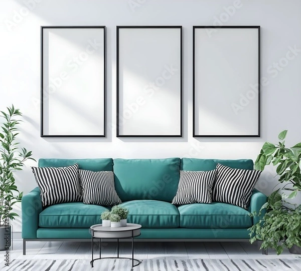 Obraz Modern Teal Sofa with Black Frames and Plants