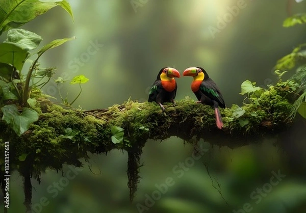 Obraz Two Collared Aracaris Perched on Mossy Branch in Rainforest