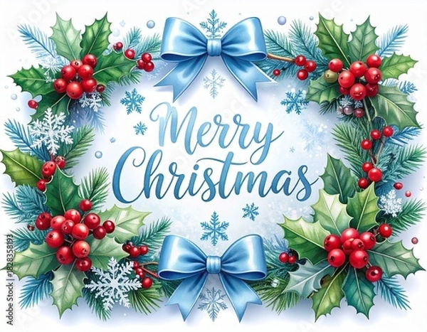 Obraz Festive Holiday Greetings Watercolor Christmas Wreath with Berries, Bows, and Holiday Text