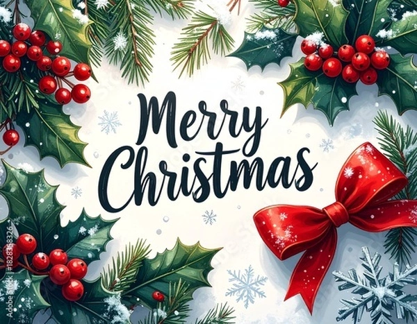 Obraz Christmas Decoration with Holly Berries, Bow, and Evergreen Branches