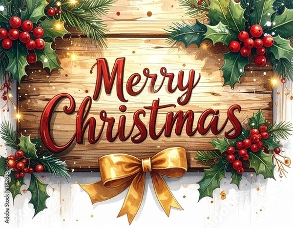 Obraz Festive Christmas Greeting on Rustic Wooden Sign, Adorned with Holly Berries and a Golden Bow
