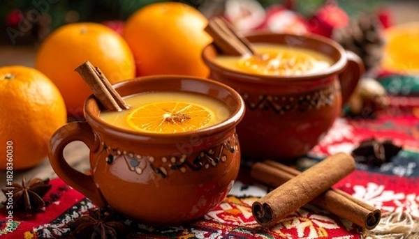 Obraz High-resolution photo of traditional Mexican Ponche Navideño served hot in clay cups, garnished with orange and cinnamon for Las Posadas.