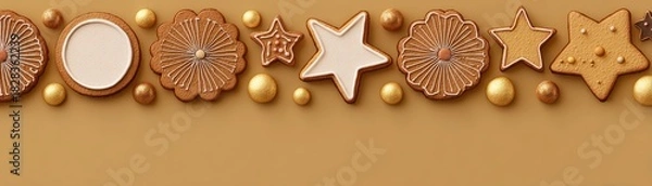 Fototapeta A decorative arrangement of various cookies, stars, and circles in warm tones, perfect for a festive or celebratory theme, Christmas hologram with AI