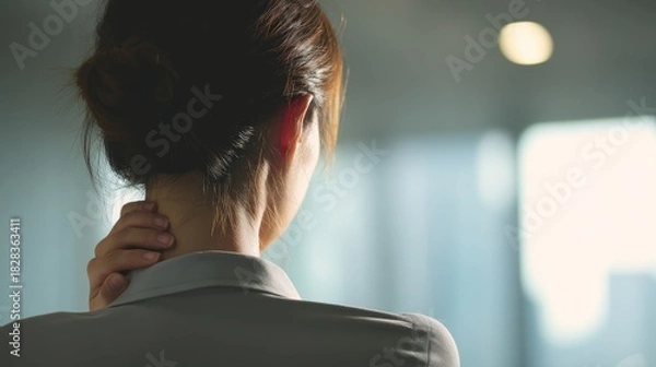 Fototapeta Woman touching neck back view