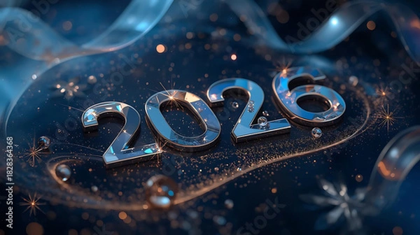 Fototapeta A sophisticated rendering of the number 2026 in lustrous metallic, shimmering against a deep blue background with sparkling gold confetti and elegant ribbons.