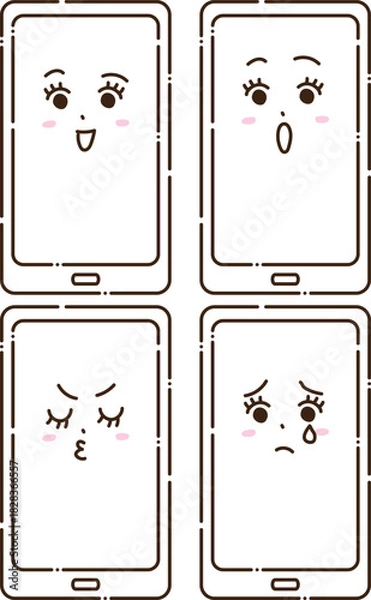 Fototapeta スマホ表情セット（喜び・驚き・怒り・悲しみ）スマートフォンキャラクター素材