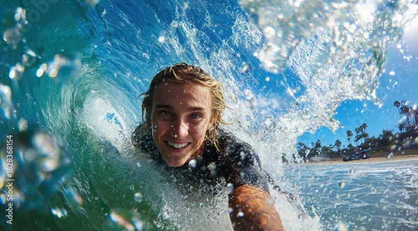 Fototapeta Joyful young man taking a selfie in clear turquoise ocean water; summer fun and freedom concept.