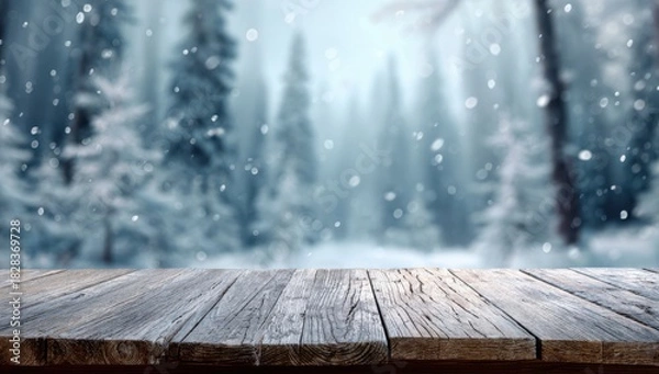 Obraz Wooden table with a blurred snowy forest background for product display, a Christmas concept