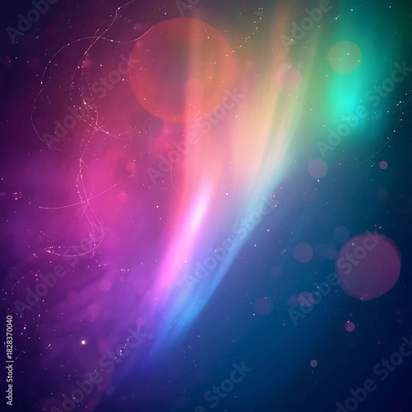 Fototapeta BOLD, COLORFUL LIGHT LEAKS feature an AURORA BOREALIS style and a lens flare overlay, showcasing rich, colorful orbs of light in 4K resolution.