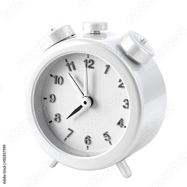 Fototapeta Sleek white alarm clock ticking towards deadline, perfect for time management and productivity themes, showcasing punctuality and efficiency, reminding us of schedules and routines