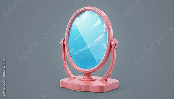 Fototapeta Charming pink vanity mirror reflecting a clear blue surface, a delightful accent for beauty and style, perfect for cosmetic product mockups and elegant interior design themes