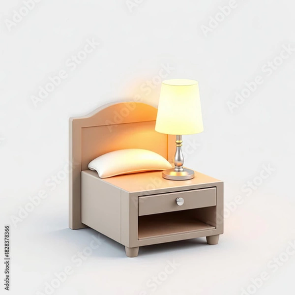 Fototapeta Charming bedside table with a glowing lamp and soft pillow, perfect for illustrating cozy bedroom scenes, relaxation guides, or interior design inspiration with a touch of serenity