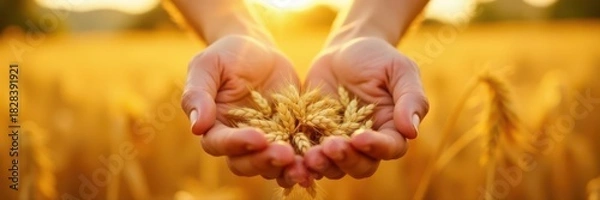 Obraz Golden wheat cascading between hands, sunlit field backdrop, farming life, pouring wheat, ripe